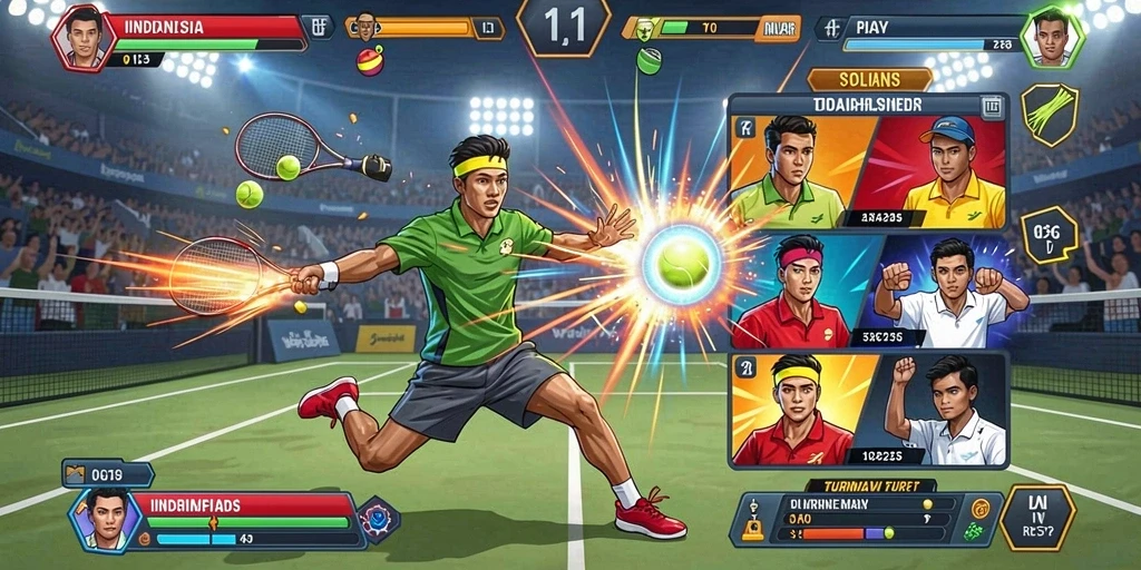 Screenshot menunjukkan karakter utama dengan latar belakang epik.